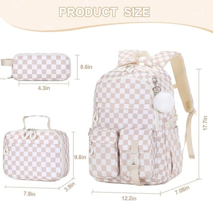 DIGOBAY 3PCS Girls Backpack for School, Kids Backpack for Girls with Lunch Bag Pencil Case, Kids Bookbag Teen Girl Backpacks for Elementary Middle High College School (Khaki Checkered) - color: Khaki Checkered