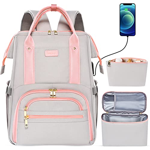 Kaome Lunch Backpack 15.6 Inch Laptop Backpack for Women with USB Port Nurse Gift Teacher Work Backpack Cooler Insulated Lunch Bag Waterproof Daypacks for Work Picnic Travel Anti-theft - color: Grey Pink