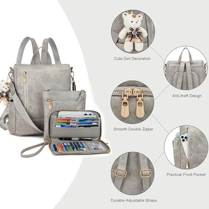Soperwillton Women Fashion Backpack Purse Anti-Theft Leather Shoulder Bag Travel Multi Pockets Handbag Wallet Set 3pcs - color: Grey