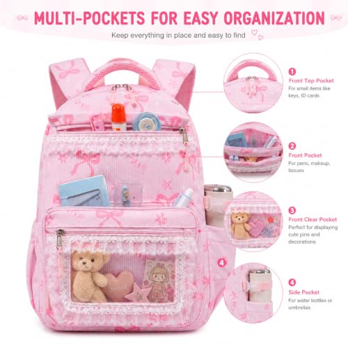 LEDAOU School Backpack for Teen Girls Elementary Middle School Bookbag Kids Backpacks Women Laptop Backpack Travel Daypack (Lace Clear Pocket - Bow Pink) - color: Lace Clear Pocket - Bow Pink