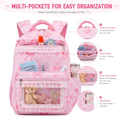 LEDAOU School Backpack for Teen Girls Elementary Middle School Bookbag Kids Backpacks Women Laptop Backpack Travel Daypack (Lace Clear Pocket - Bow Pink) - color: Lace Clear Pocket - Bow Pink