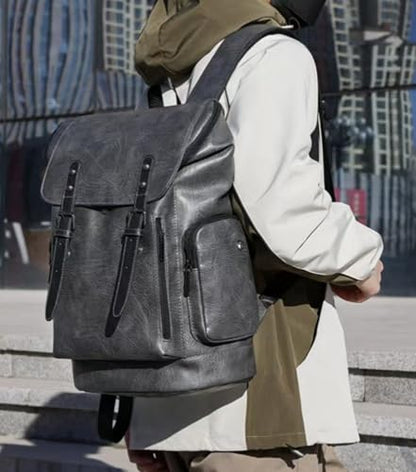 PU Leather Casual Backpack 15.6 Inches Travel College Work Business Laptop Backpack Multi-Pocket Schoolbag (Grey1) - color: Grey1
