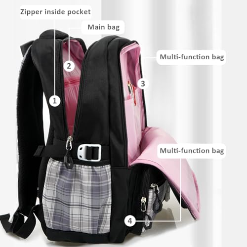 MCWTH Checkered Backpack for Teen Girls, Kawaii Cute Kids Elementary Student School Backpacks (Bow Black) - color: Checkered Black