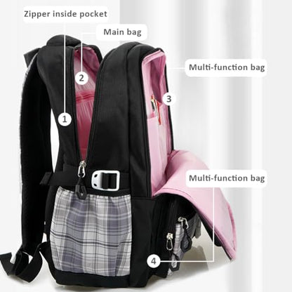 MCWTH Checkered Backpack for Teen Girls, Kawaii Cute Kids Elementary Student School Backpacks (Bow Black) - color: Checkered Black