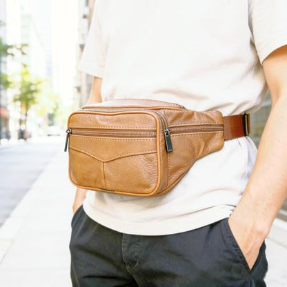large 6 Pockets Leather Fanny Pack Travel Waist packs Waist Pack Suitable for Outdoor Mountaineering Travel Camping Cycling Running etc Fanny packs (Light brown) - color: Light brown 2025 model