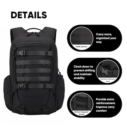 35L Tactical Backpack for Men, MOLLE Military Bug Out Bag, Waterproof Rucksack for Hiking with Hydration Port Black - color: Black
