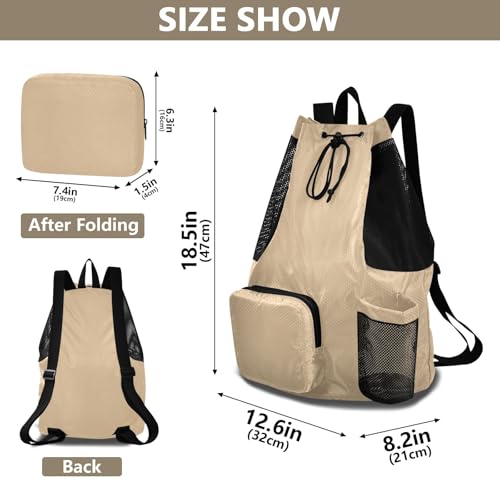 ODAWA Tan Mesh Drawstring Bag Gym Bag Backpack for Women 12.6" x 8.2" x 18.5" - color: Tan