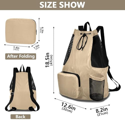 ODAWA Tan Mesh Drawstring Bag Gym Bag Backpack for Women 12.6" x 8.2" x 18.5" - color: Tan