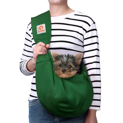Tomkas Small Dog Cat Sling Carrier Puppy Purse Travel Wrap Soft Crossbody Pet Bag (Emerald Green, M - Zip Pocket & Adjust Strap) - color: Emerald Green