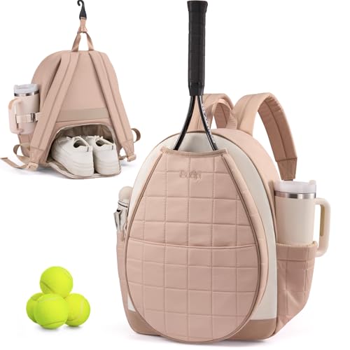 Sucipi Tennis Bags for Women, Quilted Tennis Racket Bag Backpack for Tennis Racquet, Pickleball Paddles, Badminton - color: Khaki-beige-sand brown with cup holder, size: Medium with Shoe Compartment