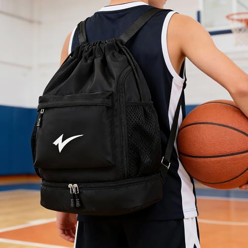 Sport Drawstring Backpack, Gym Bag with Mesh Side Pockets and Separate Shoe Compartment, Water-Resistant (Burgundy) - color: Burgundy