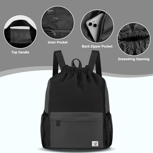 Drawstring Backpack with Mesh Pockets String Gym Bag Sackpack Sandproof Water Resistant Beach Backpack for Men Women - color: Black Gray