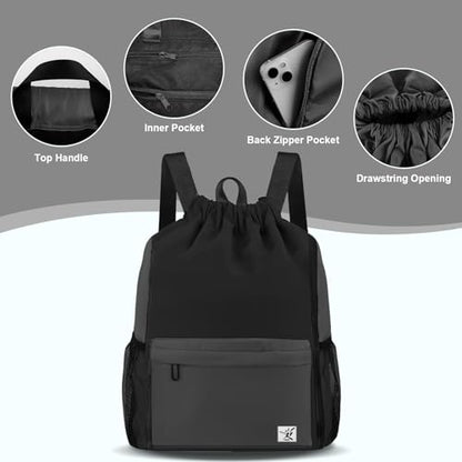 Drawstring Backpack with Mesh Pockets String Gym Bag Sackpack Sandproof Water Resistant Beach Backpack for Men Women - color: Black Gray