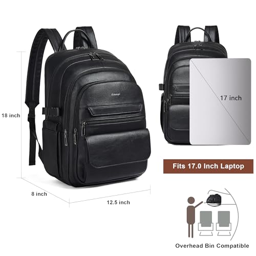 Vegan Leather Backpack, TSA Travel Backpack for Men and Women, Fits 17.0 Inch Notebook with Luggage Strap and USB Port, Black - color: Black