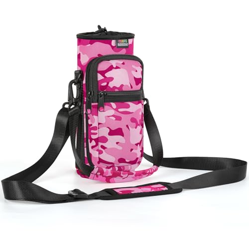 Nuovoware Water Bottle Carrier Bag, Premium Neoprene Portable Insulated Water bottle Sling Holder Bag 500ml/750ml/1000ml with Adjustable Shoulder Strap for Men Women Hiking, Sling Bottle Case - color: Camouflage Pink, size: 25-32 Ounces - Standard