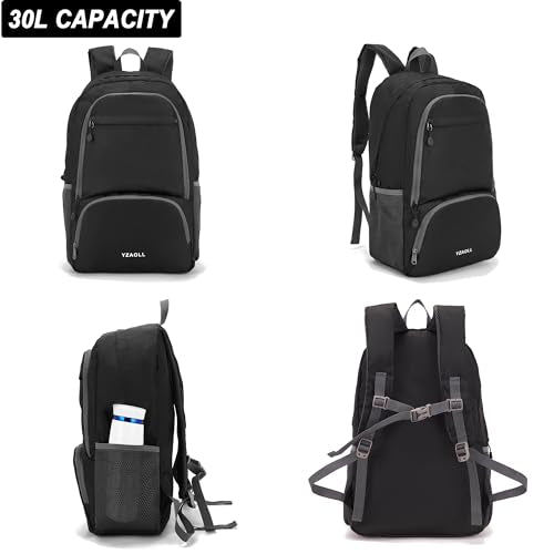 YZAOLL 30L Hiking Backpack Lightweight Day Packs, Packable Backpack for Women Men Travel Camping Vacation,Black - color: E-black