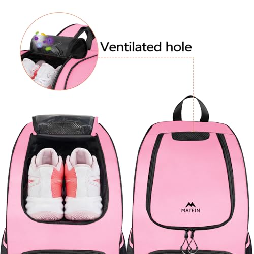MATEIN Basketball Bag, Sturdy Soccer Bag with Ball Holder & Shoe Compartment, Large Basketball Backpack for Training Equipment, Water Resistant Sports Ball Backpack Fits Volleyball Football, Colorful - color: Black Pink