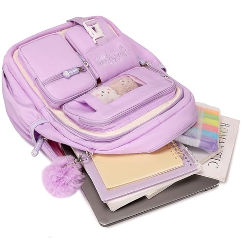 PIG PIG GIRL Kids Backpack for Girls School Bags for Middle School Students Book Bag for Elementary Primary Kawaii Ita Backpack, Purple and Beige - color: Purple and Beige