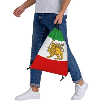 Emblem Of Iran Lion And Sun Flag Of Iran Striped Drawstring Bag Sport Gym Backpack Beach Travel Sack Draw String Yoga Bag For Men Women - color: Emblem of Iran Lion and Sun Flag of Iran Striped