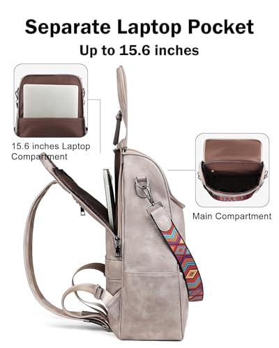 FADEON Laptop Backpack for Women Leather Travel Backpack with Laptop Compartment, Designer PU Shoulder Laptop Bag Grey - color: Grey Retro Style