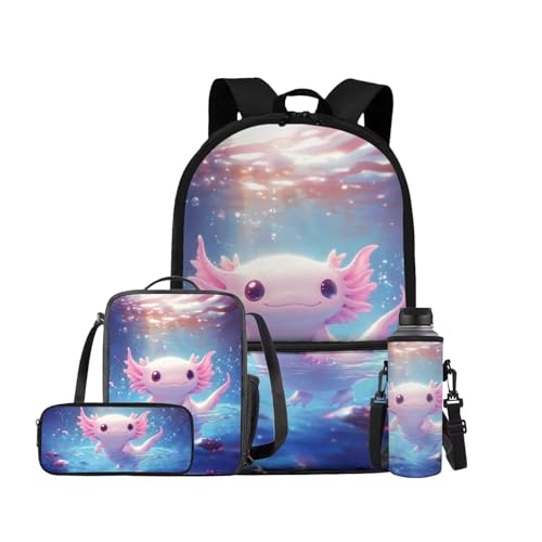 Cute Axolotl Backpack for Girls Kids Backpack with Lunch Box Water Bottle Pouch and Zipper Pencil Case 4PCS Set Sturdy Bookbag with Front Pocket 17 inch Lightweight Elementary School Bag - color: Axolotl-3