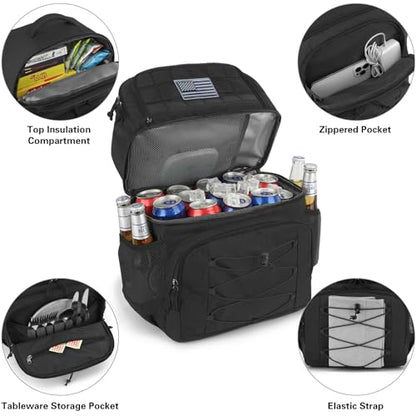 Tactical Double Deck Cooler Backpack for Men, Insulated Cooler Bag with 2 Compartment, 36 Cans Soft Military Insulated Lunch Backpack Waterproof Leakproof for Beach, Camping, Picnic, Hiking - color: Black