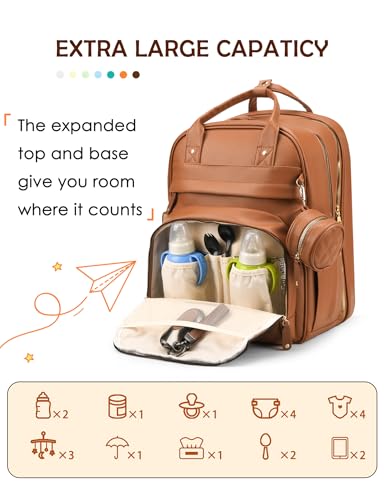 Diaper Bag Backpack with Changing Station, Waterproof for Travel, Vegan Leather, Brown - color: Brown