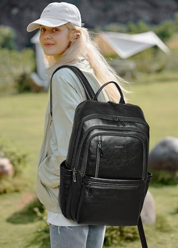 Shrrie Leather Laptop Backpack for Women, 17 inch Large Travel Laptop Backpack Purse for Casual Daypack College Work Bag - color: Black