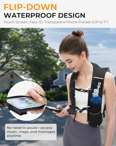 Running Vest for Women Men, Lightweight Hydration Runner Vest with Transparent Waterproof Phone Pocket, 17oz Soft Flask, Adjustable Chest Straps Reflective Backpack for Hiking Cycling Jogging - style: Black