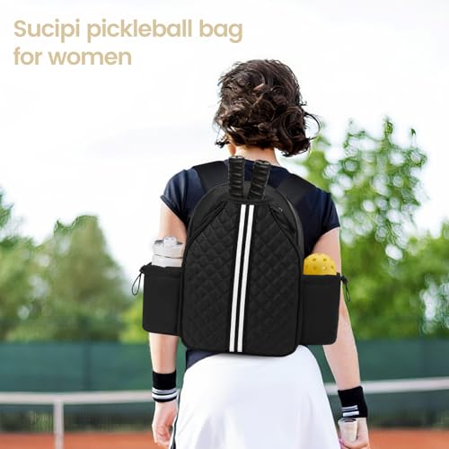 Sucipi Pickleball Bags for Women Lightweight Crossbody and Stylish Quilted Pickleball Paddle Sling Bag Backpack - color: Black, size: Large