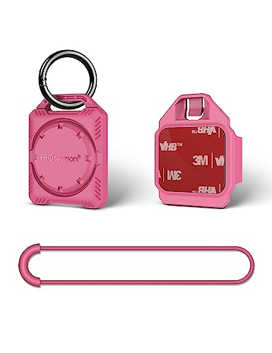 PROfezzion Secure Air Tag Holder Case with Key Ring, 3M Adhesive Mount and Loop Strap for Keychain, Dog Collar, Backpack, Luggage Bag, Bike, Car & More, IPX8 Waterproof, Full Cover & Discreet - color: Pink