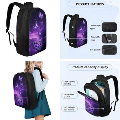 Flashideas Aesthetic Galaxy Butterfly Backpack for Girls Kids Backpack with Lunch Box 32 Ounce Water Bottle and Water Bottle Carrier 4Pcs Set 17" Bookbag with Compartments Large Capacity School Bag - color: Aesthetic Purple Galaxy Butterfly