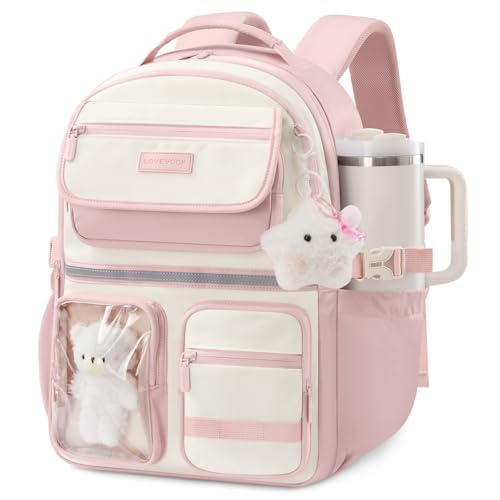 LOVEVOOK School Backpack for Girls, Cute Bookbag for Teen 8-16, DIY Friendly 15.6" Laptop Backpack for Middle High College Student Back to School, Bag with Water Bottle Pocket for Travel, Pink - color: Pink