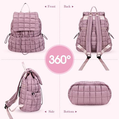 Quilted Puffer Backpack for Women Lightweight Soft Puffy Backpack Purse Casual Daily Drawstring Flap Daypack (Dark Purple) - color: Dark Purple