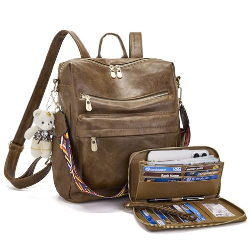 Soperwillton Women Backpack Purse Multipurpose Design Handbags Shoulder Bag PU Leather Travel bag Backpack Set 2pcs - color: Darkbrown