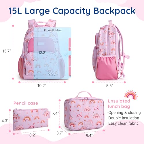 mommore Kids Backpack for Boys Girls 4-8 Kindergarten Elementary School Backpack with Lunch Box - 15” H Fit Folder - color: A-rainbow Print, style: 3 Pcs