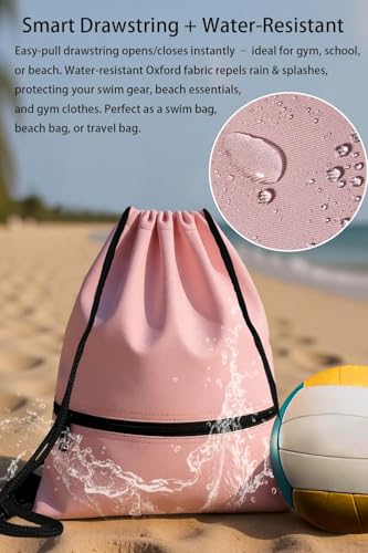 Water-Resistant String Bag for Women Men with Shoes Compartment and Zippered Pocket for Soccer, Basketball, Swim (Pink, 16.5 * 19 inches) - color: Pink