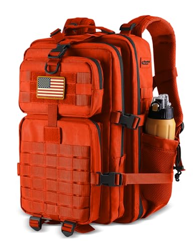 Hannibal Tactical 45L MOLLE Assault Pack, Tactical Backpack Military Army Camping Rucksack with Bottle Holder, 3-Day Pack Trip w/USA Flag Patch, D-Rings, Orange - color: Orange, size: 45L
