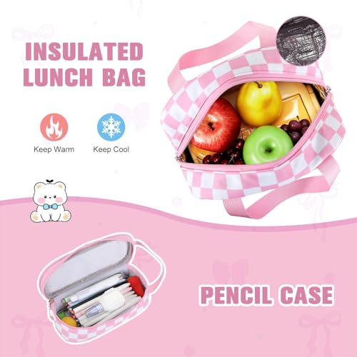 Bevalsa Backpack for Girls 3PCS Teen Girls Pink Backpack for School with Lunch Bag Pencil Case Cute Kids Laptop Backpacks Bookbag for Elementary Middle High School College Student (Checkerboard) - color: Pink Checkerboard