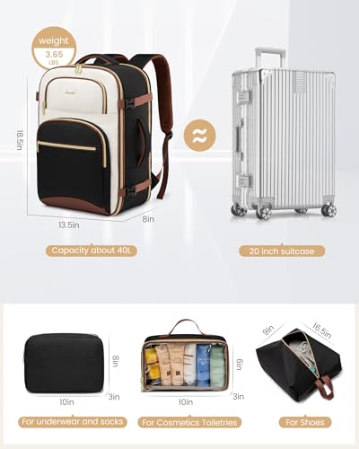 LOVEVOOK Travel Backpack for Women, 40L Airline Approved Carry On Backpack Luggage with 3 Packing Cubes, TSA Personal Item Travel Bag, Waterproof Weekender Backpack Fits 17.3" Laptop - color: Black - Beige White - Chestnut Brown, size: Large-40L-4Pcs