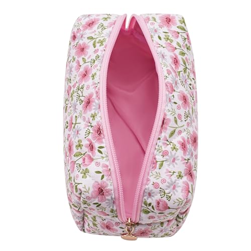 Cute Floral Makeup Bag Small Cotton Quilted Cosmetic Bag, Aesthetic Essential Bag Emergency Bag Gift for Women Girls Travel Accessories (Pink Big Flowers) - color: Pink Big Flowers