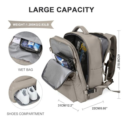 WONHOX Large Travel Backpack Women, Carry On Backpack, Hiking Backpack Waterproof Outdoor Sports Rucksack Casual Daypack with USB Charging Port Shoes Compartment, Grey Brown