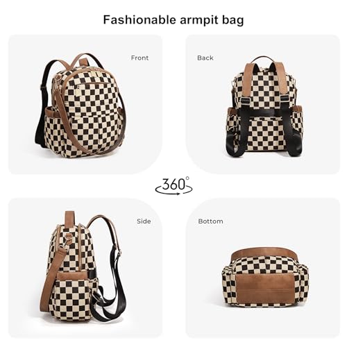 Checkered Backpack Purse Women Plaid Vegan Leather Fashion Travel Bag Large Designer Shoulder Handbag Commuter Brown (Plaid Brown) - color: Plaid Brown