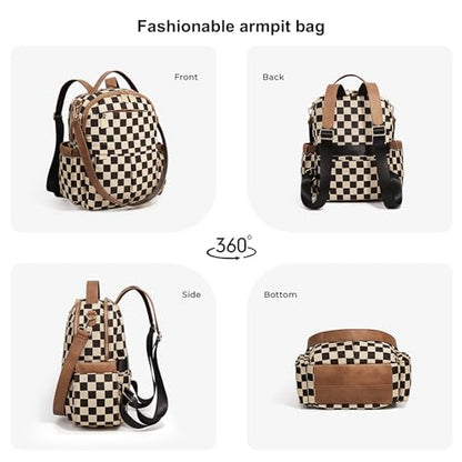 Checkered Backpack Purse Women Plaid Vegan Leather Fashion Travel Bag Large Designer Shoulder Handbag Commuter Brown (Plaid Brown) - color: Plaid Brown