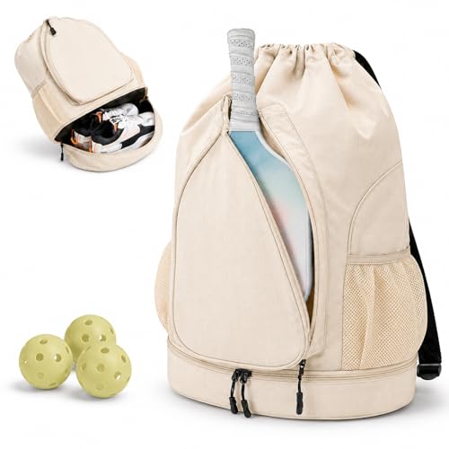 Pickleball Backpack for Women, Fit 2 to 4 Paddles, Pickleball Backpack with Shoe Compartment, Pickle Bag as Gifts for Beginner, Large Capacity Pickle Ball Bag with Paddle Cover Pocket - color: Beige