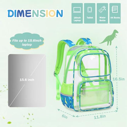 Sisipoet Clear Backpack for School, Heavy Duty PVC Transparent Bookbag, Funny Kids Backpacks with Dinosaurs Print, Green - color: Green/Dinosaurs