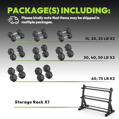 HANDBODE 3-Tier Dumbbell Rack Stand, 1000LB Capacity Storage Rack, Weight Rack for Dumbbells, Kettlebell, 390–700 lb Rubber Coated Fixed Weight Sets, Home Gym Strength Training Equipment - color: 630 lb Set (15-75 lb) *2 & Rack