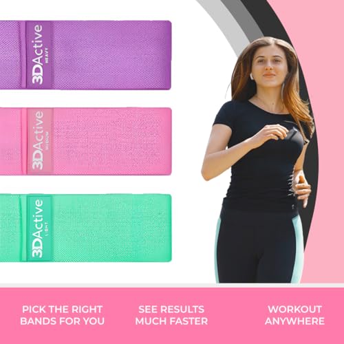 3DActive Fabric Resistance Bands for Legs & Butt. Wide Non-Slip Hip Band Set for Home & Gym Workouts. Exercise Guide & Carry Bag Included. - color: Purple, Pink, Green