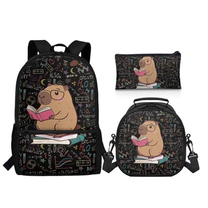 Cartoon Capybara Backpack for Boys Girls 3 Pack School Backpacks Set Reusable Lunch Box Pencil Bag Big Capacity Schoolbag with Side Pocket Adjustable Strap - color: Capybara Cute