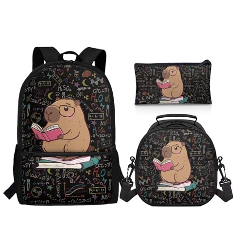 Cartoon Capybara Backpack for Boys Girls 3 Pack School Backpacks Set Reusable Lunch Box Pencil Bag Big Capacity Schoolbag with Side Pocket Adjustable Strap - color: Capybara Cute